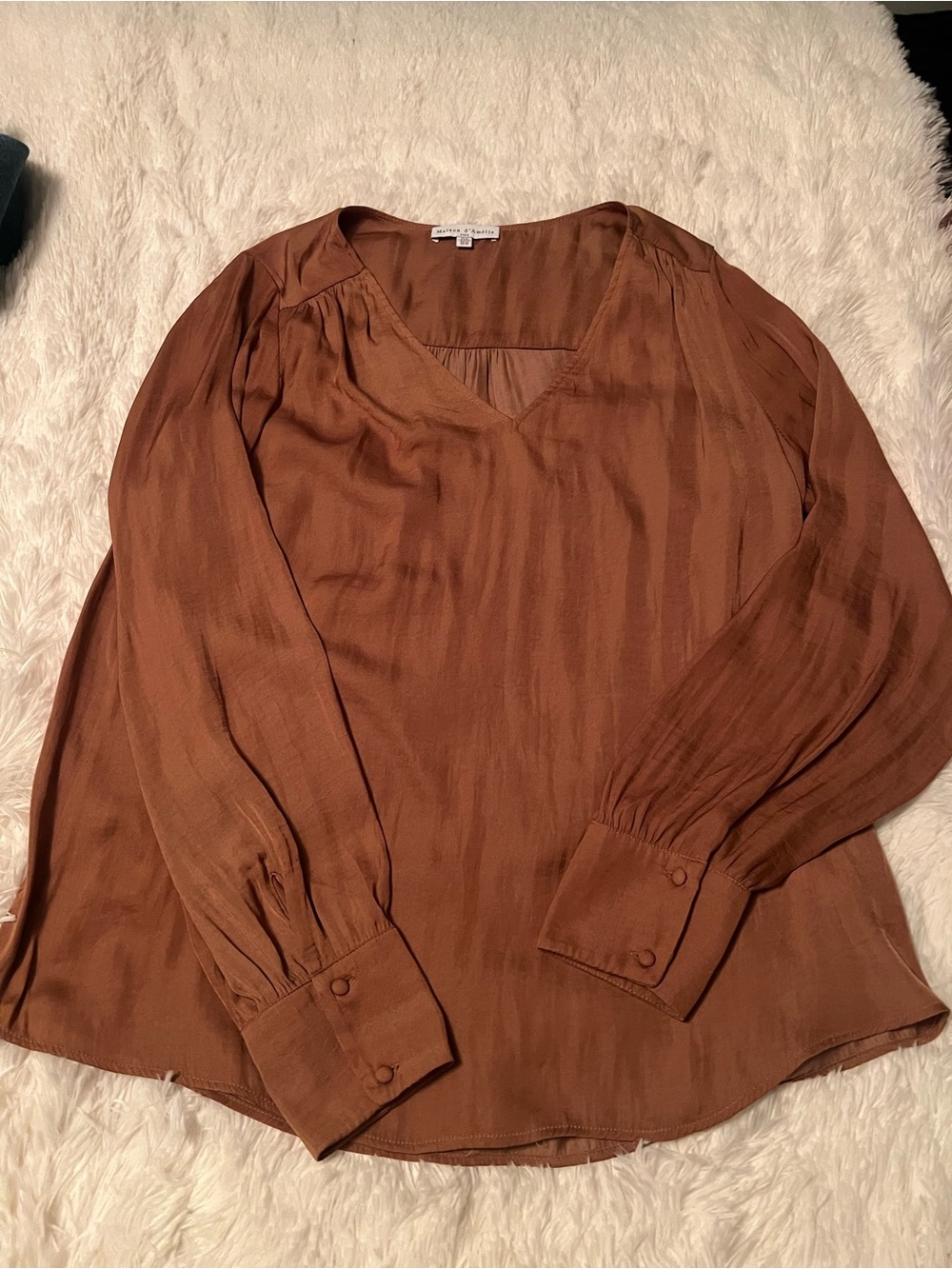 V-Neck Long-Sleeve Satin Blouse in Rich Brown